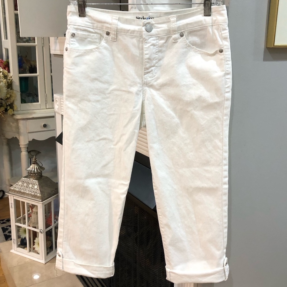 Style & Co Petite Tummy Control Rhinestone Studded Denim Cropped Capri Jeans